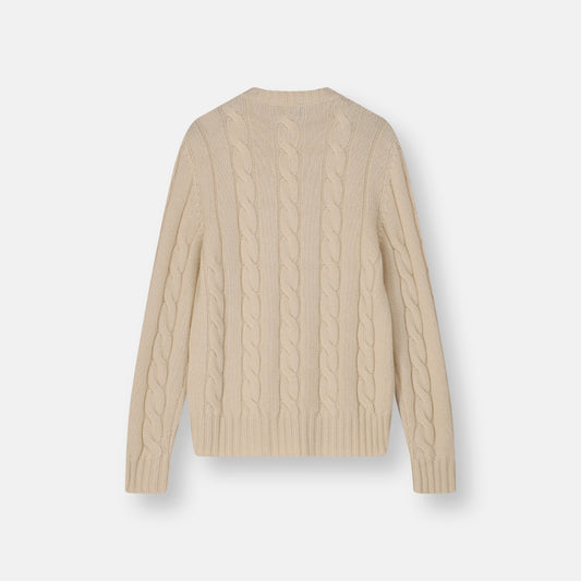 Back view of Subellotti Panna Cream cashmere cable-knit sweater