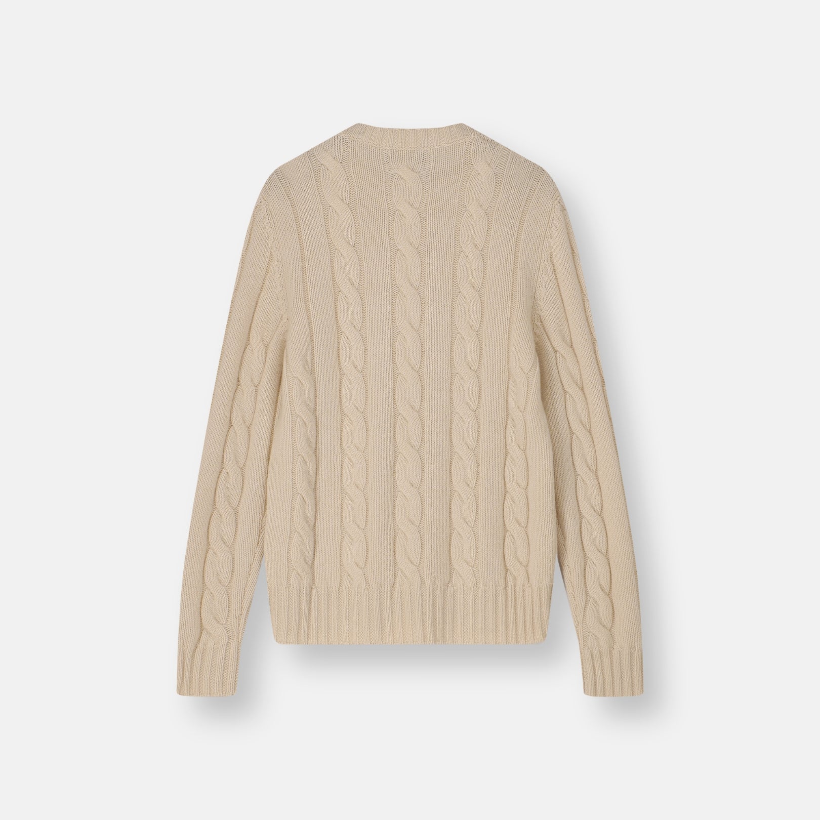 Back view of Subellotti Panna Cream cashmere cable-knit sweater