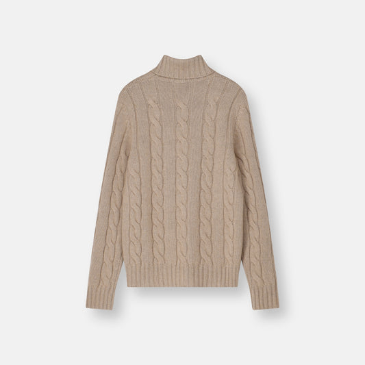 Dolcevita Natural Brown – Wide Cable Cashmere Turtleneck Sweater