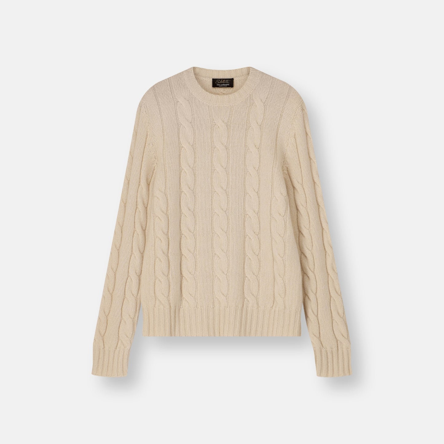Subellotti Treccia Larga Cashmere Crewneck – Panna Cream, wide cable knit front view