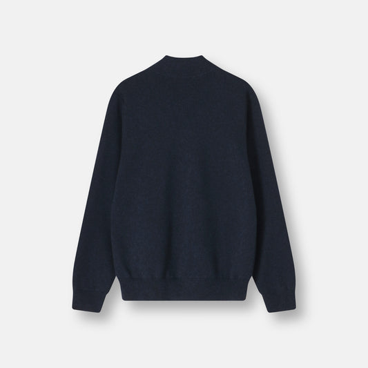 Milano Bomber Navy cashmere knit texture and horn button detail