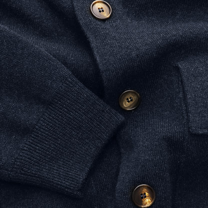 Milano Bomber Navy Italian cashmere bomber side profile ribbed hem