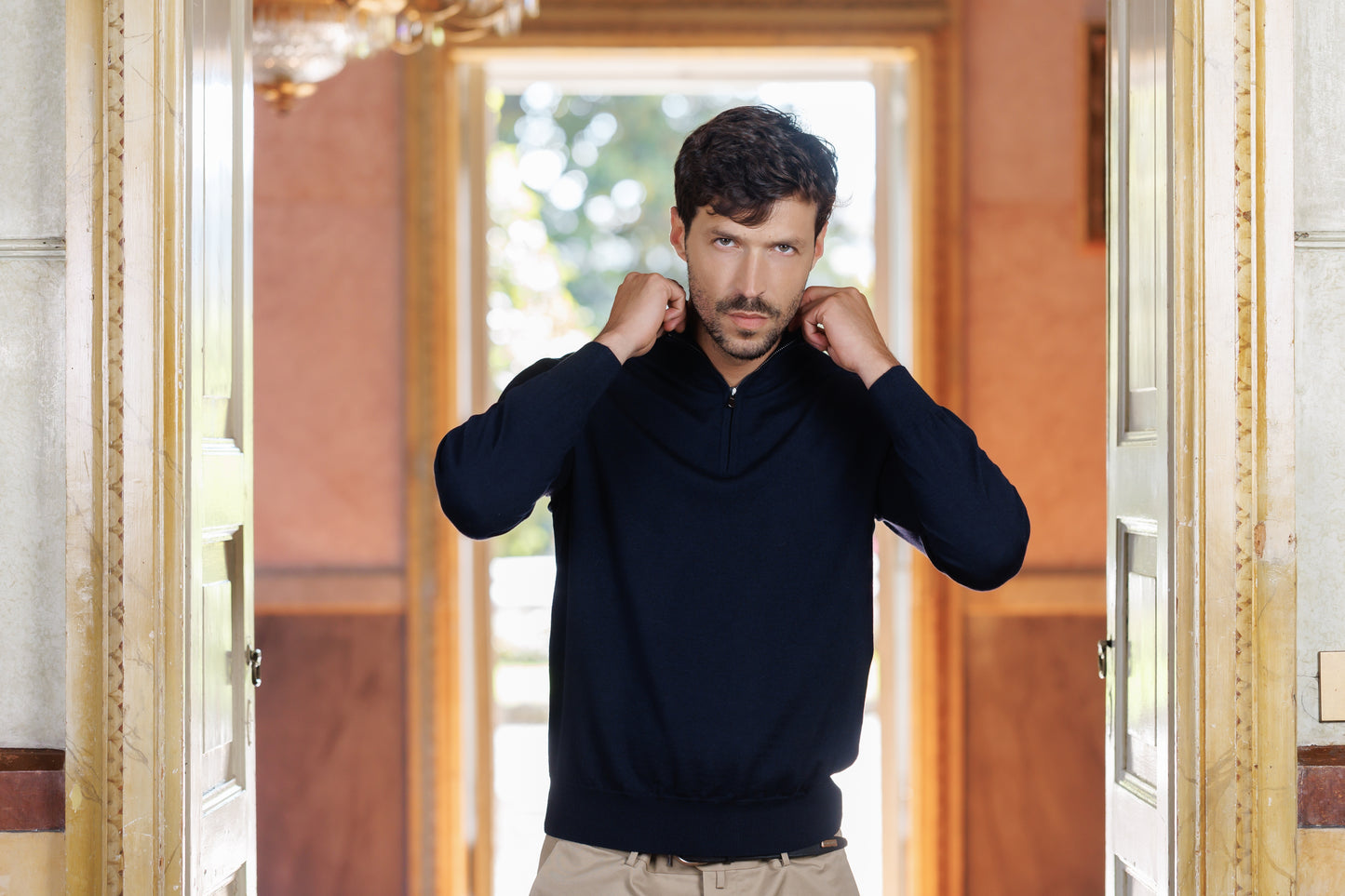 Italian dark navy merino half-zip sweater detail